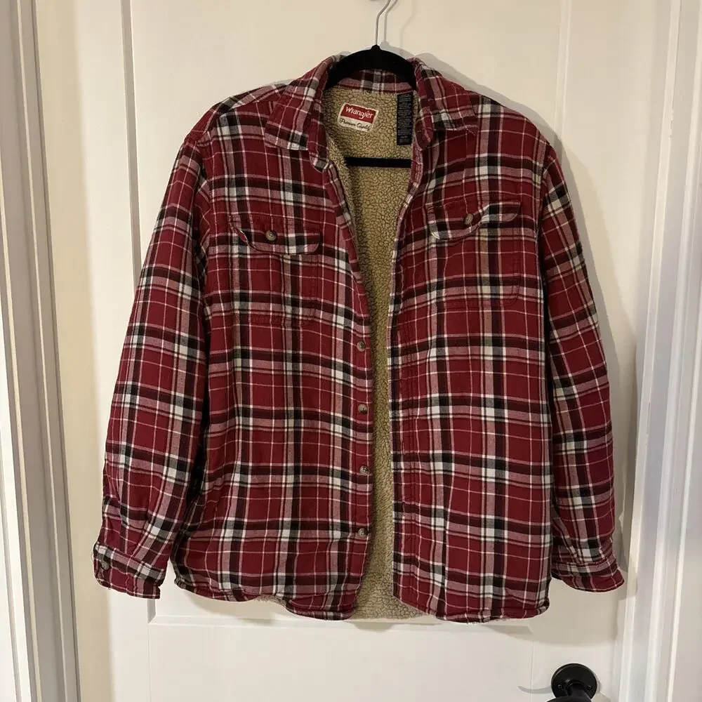 Vintage Y2K Wrangler Shirt Jacket Men Med Red Plaid Flannel Sherpa Lined Trucker
